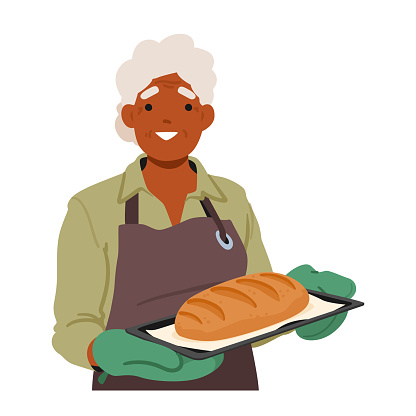 Senior Woman Carries A Tray With Freshly Baked Bread, The Aroma Of Warmth And Comfort Wafting Around Her. Her Skilled Hands Bring Nourishment And Love To Those Around Her. Cartoon Vector Illustration