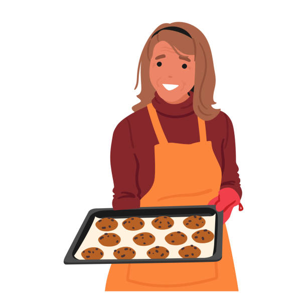Senior Woman Lovingly Holds A Tray Of Freshly Baked Cookies In Her Hands, Their Warm, Sweet Scent Filling The Air Senior Woman Lovingly Holds A Tray Of Freshly Baked Cookies In Her Hands, Their Warm, Sweet Scent Filling The Air, Testament To Her Baking Skills She Brings To Loved Ones. Cartoon Vector Illustration middle aged woman cooking stock illustrations