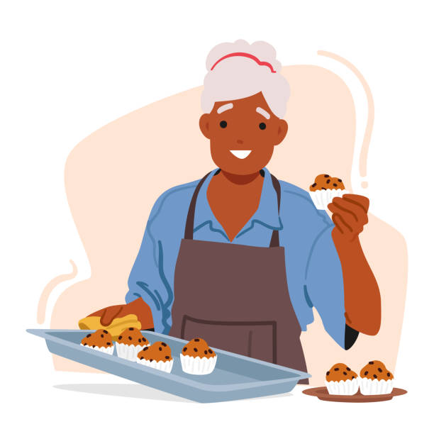 Senior Woman Holds A Tray Of Freshly Baked Muffins, Their Delicious Aroma Filling The Room Cartoon Vector Illustration Senior Woman Holds A Tray Of Freshly Baked Muffins, Their Delicious Aroma Filling The Room. With Each Muffin She Shares Her Love Through Her Delightful Culinary Creations. Cartoon Vector Illustration middle aged woman cooking stock illustrations