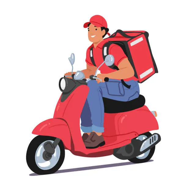 Vector illustration of Efficient Courier Character On A Nimble Scooter, Swiftly Navigating Through Traffic To Deliver Packages Promptly
