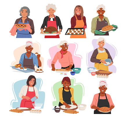 Experienced Elder Women Creating Culinary Magic In The Kitchen, Their Time-honored Recipes Infusing Warmth And Love Into Every Delicious Baked Treat They Craft. Cartoon Vector Illustration
