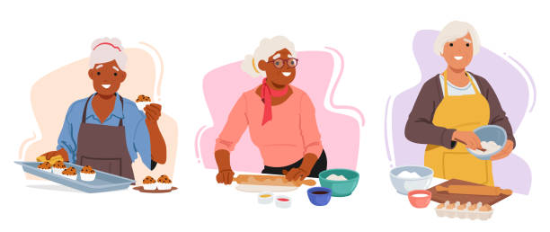 年配の女性が楽しくパンを焼き、何十年にもわたる知恵とおいしいレシピを共有しています。おばあちゃんがペストリーを準備する - grandmother pie cooking baking点のイラスト素材／クリップアート素材／マンガ素材／アイコン素材