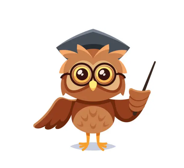 Vector illustration of Cute Cartoon Owl Teacher Donning A Mortarboard And Glasses, Holding A Pointer With Wisdom In Its Eyes