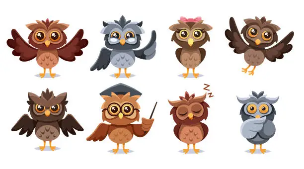 Vector illustration of Set Of Adorable Cartoon Owl Characters Featuring Charming, Wide-eyed Owlets In Various Poses And Expressions