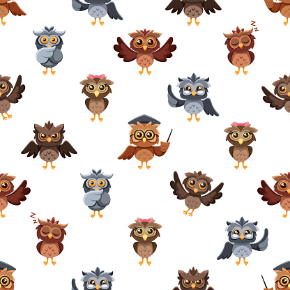 Adorable Seamless Pattern Featuring Cute Cartoon Owls Characters In Vibrant Colors. Perfect For A Whimsical And Charming Design, Ideal For Children Decor Or Fun Textiles. Cartoon Vector Illustration