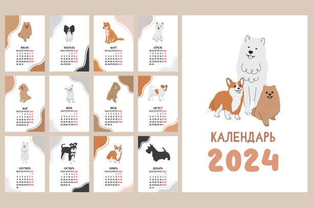illustrazioni stock, clip art, cartoni animati e icone di tendenza di calendario verticale vettoriale del cane 2024. collezione di simpatici cuccioli di cane stile disegnato a mano dei cartoni animati. l'iscrizione è in russo. - spitz type dog immagine