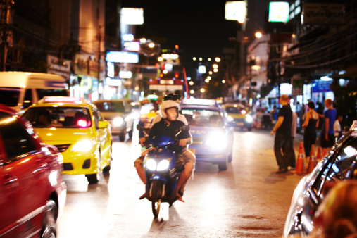 Bangkok, Thailand - Apr 22, 2018. Vehicles on street in Bangkok, Thailand. Bangkok is the capital of Thailand with a population of over 7 million inhabitants.