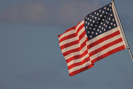 Group of people holding small United States’ national flags in the air.