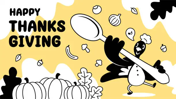 Vector illustration of A turkey chef with a large spoon dances in front of harvested pumpkins on Thanksgiving Day