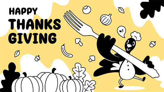 Thanksgiving characters vector art illustration.
A turkey chef with a large fork dances in front of harvested pumpkins on Thanksgiving Day.
Characters are painted in black and white with outlines, and the background is a comfortable and soft light yellow color.