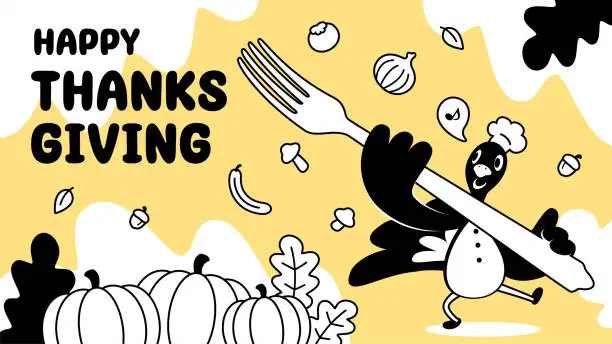 Vector illustration of A turkey chef with a large fork dances in front of harvested pumpkins on Thanksgiving Day