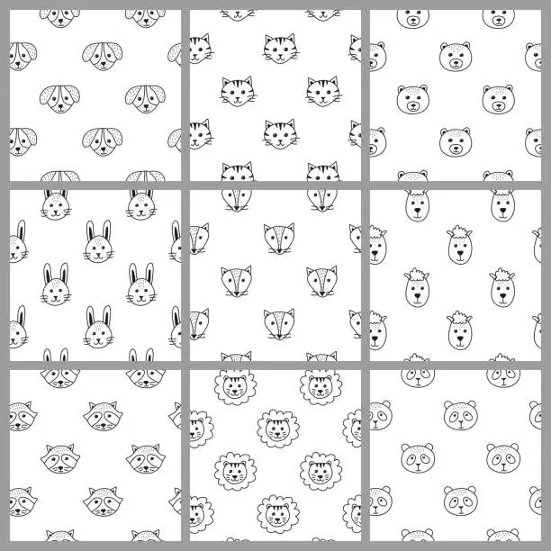 Vector illustration of Set of seamless patterns with animal faces.