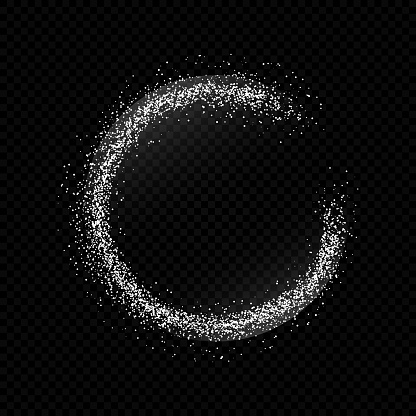 White sugar round frame isolated on black background. Circle of powder particles. Flying salt on dark. Baking flour top view. Crushed chalk pieces.