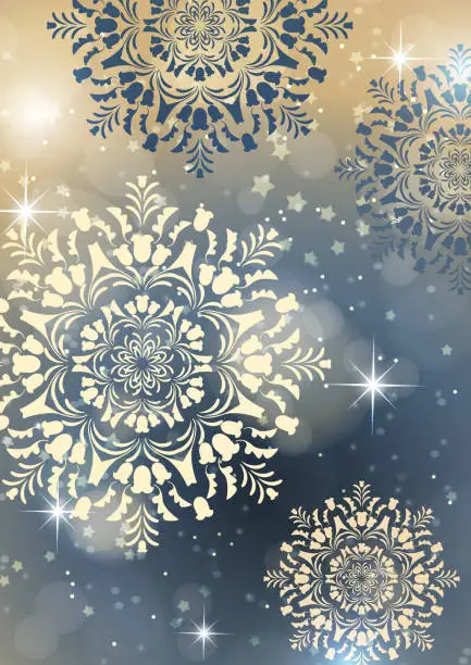 Vector illustration of Abstract background with snowflakes and shining glare stars. Template, poster, postcards for holiday, New Year, Christmas. Vector