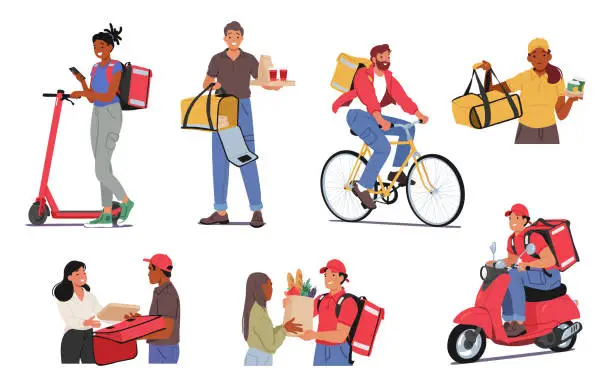 Vector illustration of Food Delivery Workers Transport Meals From Restaurants To Customers Doorsteps, Navigate Through Traffic