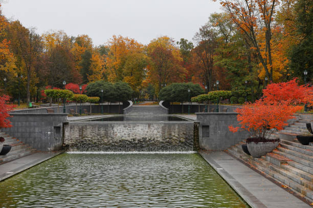 Cascade of ponds in autumn park