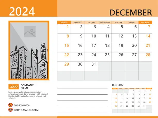 Vector illustration of Calendar planner 2024 and Set of 12 Months, December 2024 template, week start on Sunday, Desk calendar 2024 design, simple and clean design, Wall calendar, Corporate design planner, orange background