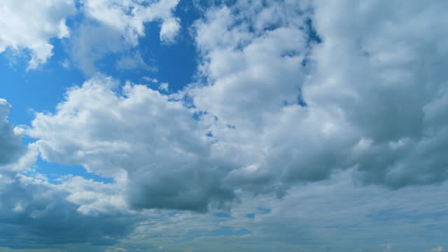 Formation Cloud Sky Scape. Different Cloud Types And Layers Cover Blue Sky. White Different Layers Cloudscape On Beautiful Sunny Clear Sky. Timelapse.