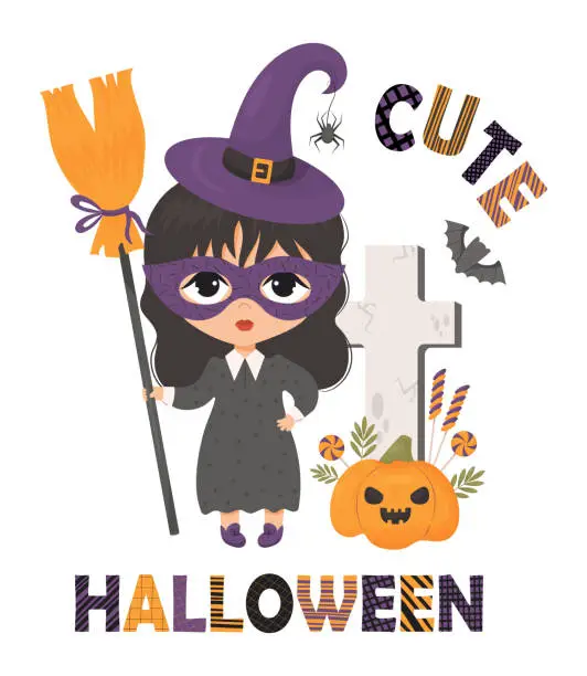 Vector illustration of Cute Halloween. Girl in carnival mask in witch hat with spider and broom near grave cross pumpkin Jack with candy lollipops and bat. Vector illustration in cartoon style. kids collection card.