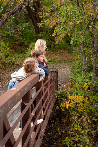 Two girls and a boy, who are siblings, all lean lazily along a small, quaint, reddish brown metal bridge railing. They are casually dressed. The setting around them is darker with rich green leaves that are starting to turn to colors. They are bright in the sun so they pop out against the background.