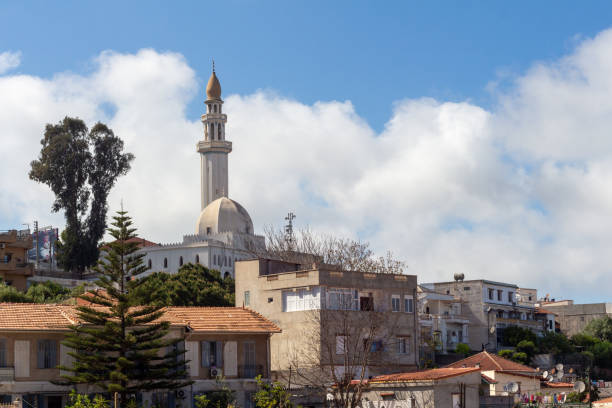 View of the El Nasr Mosque, Scala, Algiers, Alger, Algeria. Residentials building, green trees, blue sky and white clouds.