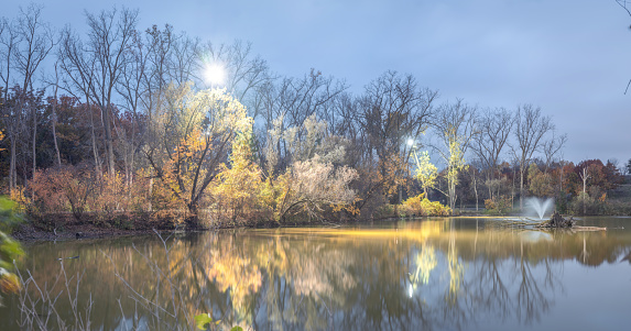 Beautiful autumn landscape, tree reflected in lake, seasons change, sunny day, autumnal park, fall nature.