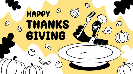 Thanksgiving characters vector art illustration.
A turkey chef holds a large empty plate and fork and prepares many ingredients for a Thanksgiving meal.
Characters are painted in black and white with outlines, and the background is a comfortable and soft light yellow color.