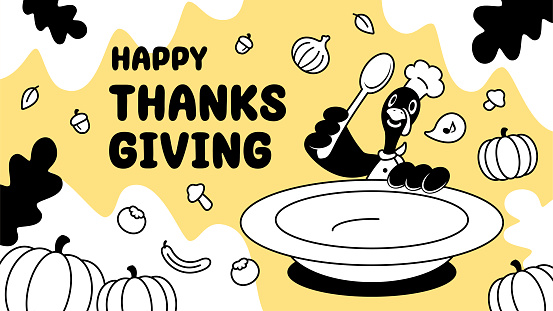 Thanksgiving characters vector art illustration.
A turkey chef holds a large empty plate and spoon and prepares many ingredients for a Thanksgiving meal.
Characters are painted in black and white with outlines, and the background is a comfortable and soft light yellow color.