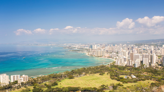 Honolulu skyline with Waikiki beach and seascape