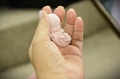 In the palm of the hand a representation of a 12-week-old fetus in plaster
