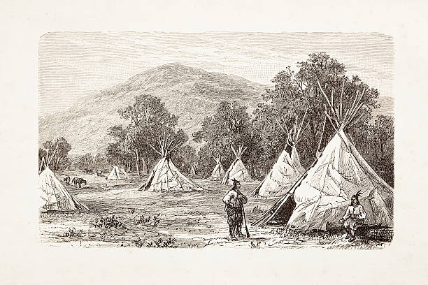 illustrazioni stock, clip art, cartoni animati e icone di tendenza di incisione dei nativi americani encampment nel 1881 - cherokee
