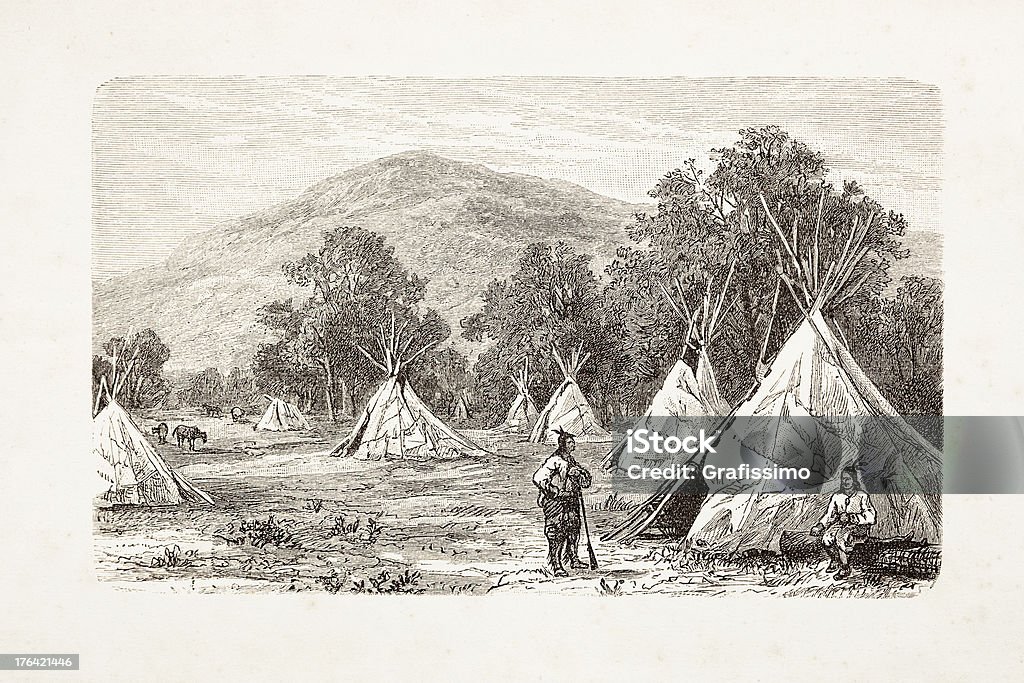 Гравировка native american encampment с 1881 - Стоковые иллюстрации Этническая группа чероки роялти-фри