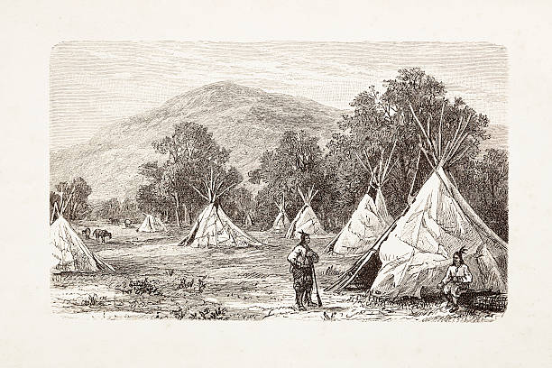 Engraving native american encampment from 1881 http://farm2.static.flickr.com/1359/5135885055_69a03dfd95.jpg  Cherokee stock illustrations