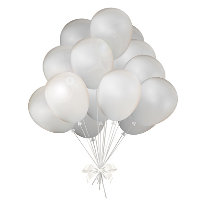 A bunch of silver-white balloons tied with bows