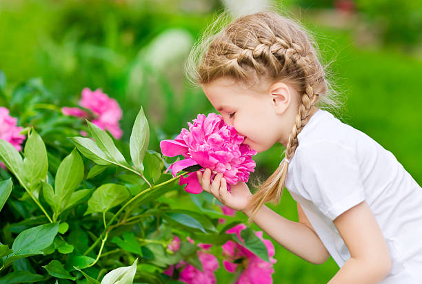 Blonde girl with braided hair smelling pink flower in garden Beautiful blond little girl with long hair smelling flower flower outdoors day loving stock pictures, royalty-free photos & images