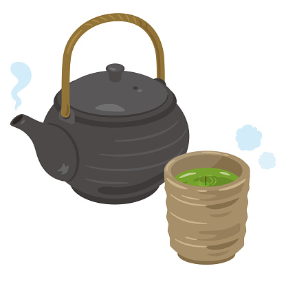 Green tea in a teacup with a tea pillar and a teapot