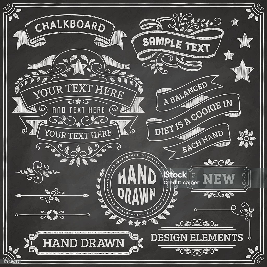 Chalkboard Design Elements No gradients, no transparency effects. Each object is a group with three subgroups: the outlines, the fills and the text. Chalkboard - Visual Aid stock vector