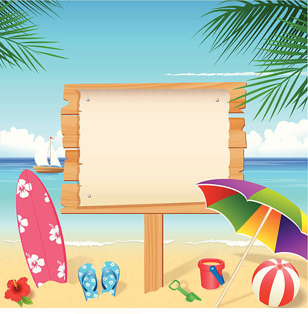 ilustraciones, imágenes clip art, dibujos animados e iconos de stock de playa tropical con palmeras - surfing surfboard summer heat