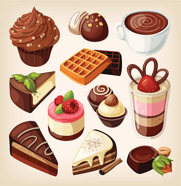 illustrazioni stock, clip art, cartoni animati e icone di tendenza di set di dolci al cioccolato, torte e altro cibo - muffin coffee cartoon cake