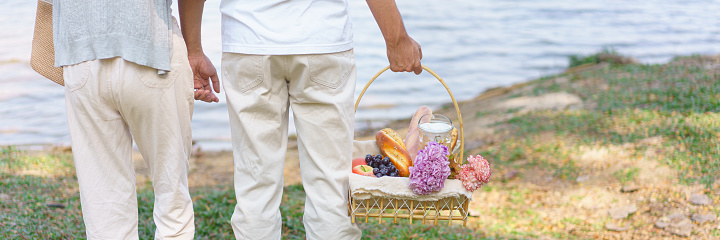 Young couple carrying picnic basket and holding arms together while standing near lake in the park.