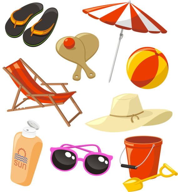 ilustrações, clipart, desenhos animados e ícones de conjunto de ícones de praia - surfing sunlight wave sand