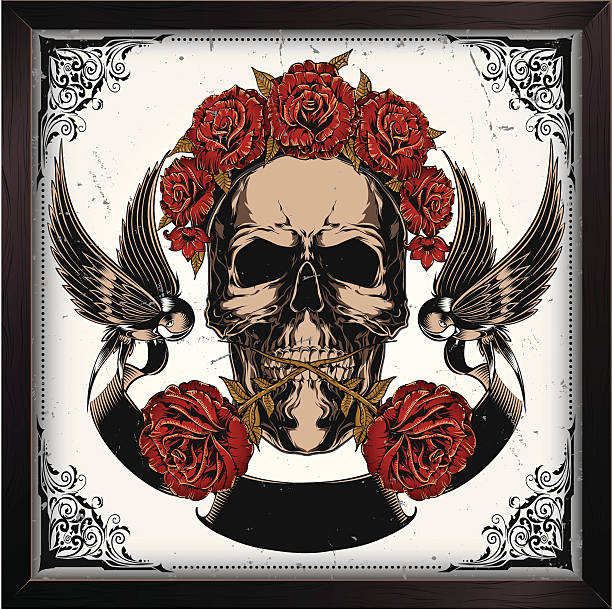 스컬 in 장미 - day of the dead skull tattoo mexico stock illustrations