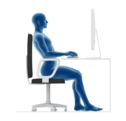 Guidance ergonomics. Wrong posture to sit and work on office desk, forcing back and lombar.