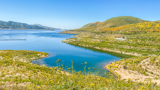 Diamond Valley Lake, located in Hemet, California is one of the largest water reservoirs in Southern California.  After a wet winter the reservoirs levels have returned to a more normal level.  Many travel to this area to see the super bloom of 2023 that surrounds the lake.  The lake is a drinking water reservoir that is run by a metropolitan water company.  It is a popular sight for tourists, especially during the springtime with all the varieties of wild flower on the surrounding hillsides.