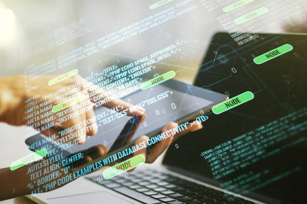 istock Double exposure of abstract programming language hologram with finger clicks on a digital tablet on background, research and development concept 1764321698