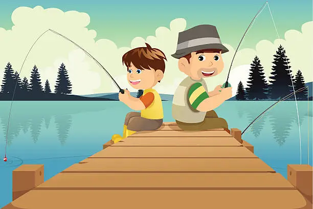 Vector illustration of Father and son going fishing in a lake