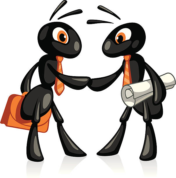 Partnership Two funny ant shake hands in agreement. ants teamwork stock illustrations