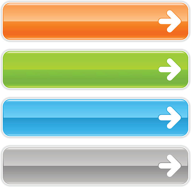 ilustrações de stock, clip art, desenhos animados e ícones de sinal de seta direita laranja brilhante ícone verde azul botão cinzento - shape rectangle chrome interface icons