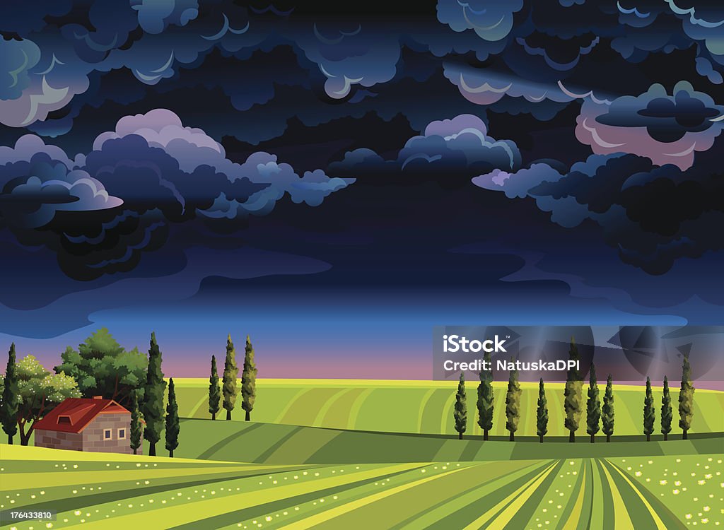 嵐の空と緑の牧草地です。 - Horizonのロイヤリティフリーベクトルアート