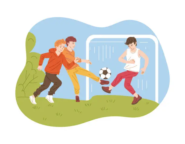 Vector illustration of Children playing soccer, kicking ball on field playground, boys play sport competitive game, vector outdoor activity